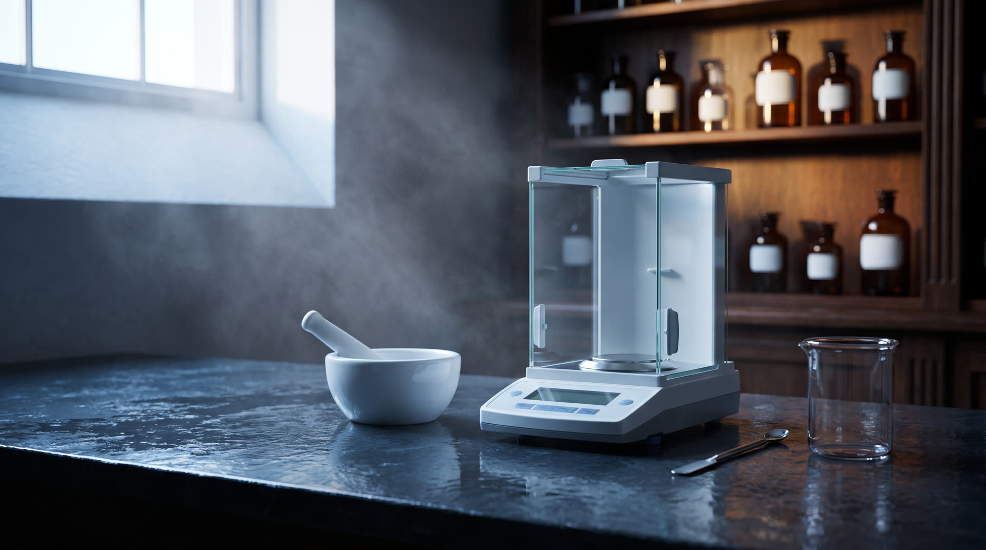 A porcelain mortar and pestle beside an analytical balance on the compounding bench at Two Rivers Pharmacy