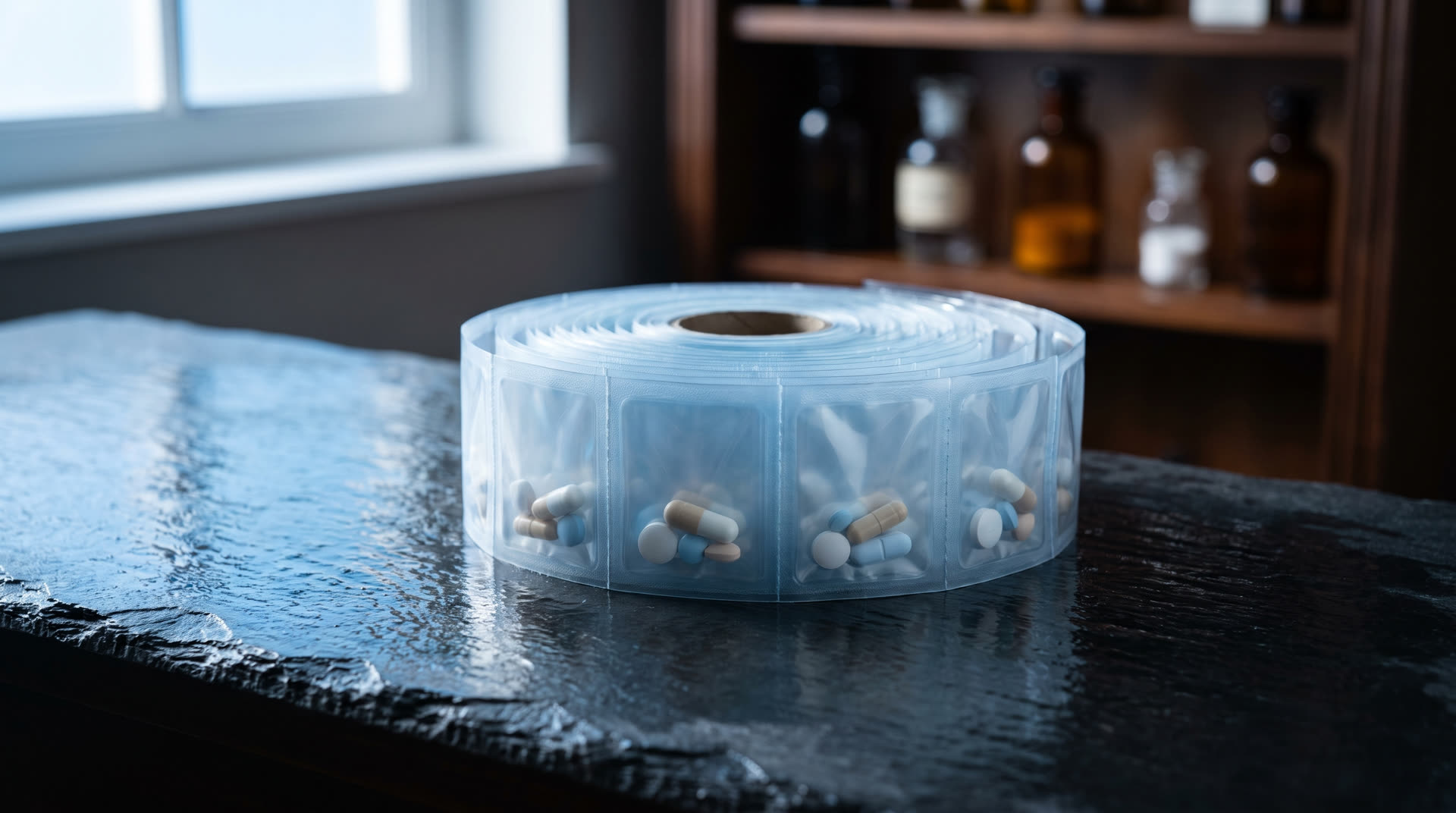 A roll of sealed multi-dose MedPack pouches, each holding one dose